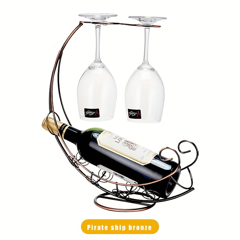 Elegante Soporte de Vino de Barco Pirata con Portavasos – Soporte Decorativo de Metal para Vino Tinto, Champán y Licores, Perfecto para Barra de Casa o Exhibición de Fiesta, Accesorios Piratas