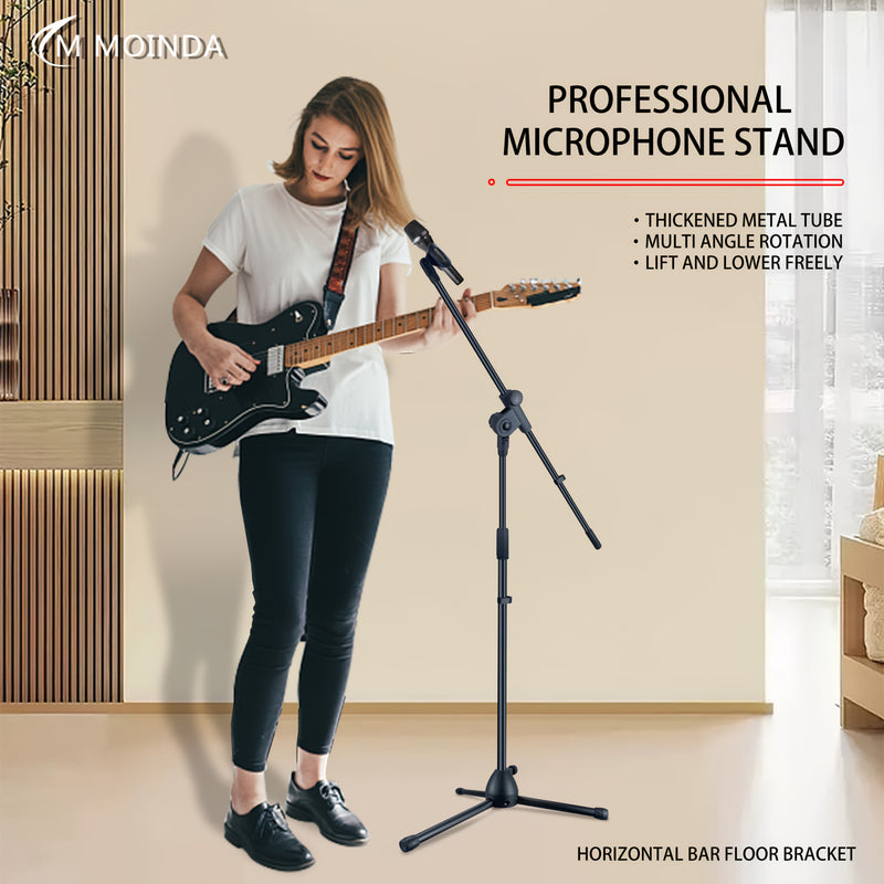 Soporte de Micrófono Trípode Resistente con Brazo Ajustable - Soporte Profesional para Estudio y Directos, Construcción Inclinada en Tubo, Base Horizontal para Suelo - Compatible con Clip de Micrófono para Grabación en Casa, Podcasting, Bodas, Conciertos