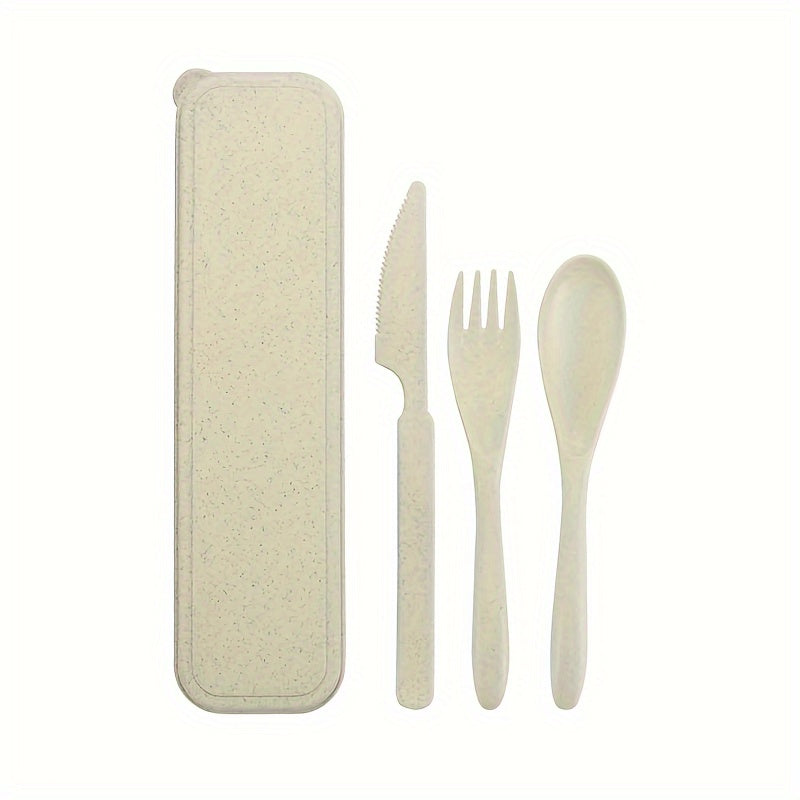 Juego de 3 utensilios de viaje reutilizables con estuche, cubiertos de paja de trigo portátiles (cuchillo, tenedor, cuchara), vajilla de plástico para viajes, picnic o camping