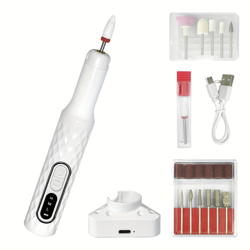 Juego de limas de uñas con carga USB y base, incluye 13 cabezales de pulido, herramienta portátil de manicura y pedicura eléctrica, batería de litio duradera y sin olor, incluye lima de uñas y empujador, esencial para el salón de belleza en casa, regalo