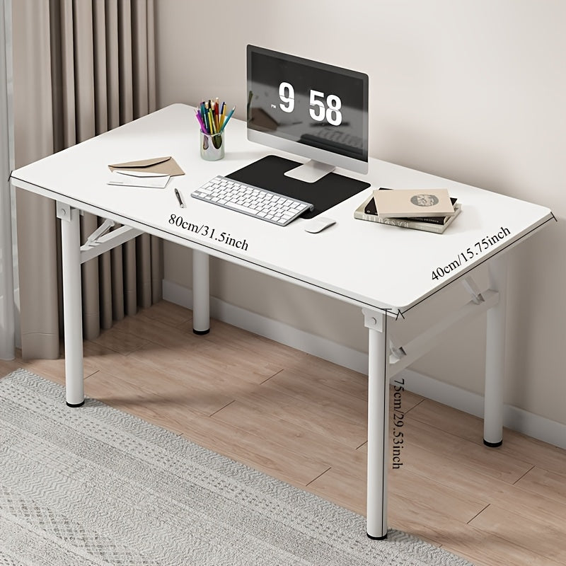 Una mesa plegable rectangular para alquilar, adecuada para comer, estudiar o usar una computadora, sin necesidad de instalación.