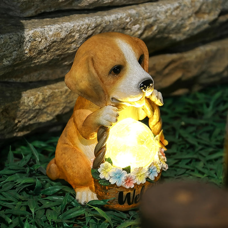 1pc Decoración De Jardín Perro Energía Solar Animal Decoración Señal De Bienvenida, Estatua Luz Nocturna, Luz De Resina Artesanal De Jardín