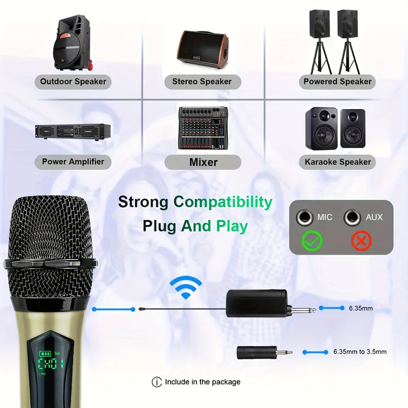 Micrófono de Karaoke sin varillas Portátil con Batería Recargable para 4 Micrófonos y Receptor, Ideal para Fiestas, Reuniones, Bodas, Base de Almacenamiento Dorada y Adaptador de 3.5mm Incluido