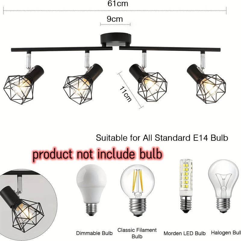 1pc HIMGOR Industrial Luz de techo de montaje semibrillo de 4 luces, jaula de metal negro con base E14, diseño desmontable para dormitorio, sala de estar y comedor - No incluye bombillas, incluye accesorios de instalación, lámpara de techo para sala de e