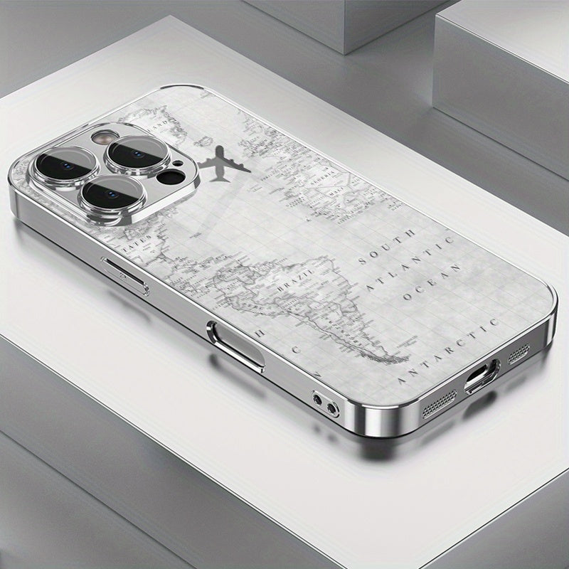 Fundas de Teléfono TPU Electroplateadas con Patrón Creativo de Vuelo en Mapa Gris y Protección para Lente para iPhone 16/16Pro/16ProMax/16Plus/16e, 15/15Plus/15Pro/15ProMax, 14/14Plus/14Pro/14ProMax, 13/13Pro/13ProMax, 12/12Pro/12ProMax, 11/11Pro/11ProMa