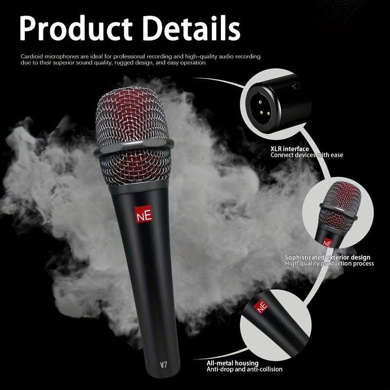 Microfono Dinámico Súper Cardióide LexiNova V7 Versión Alta con Cable para Canto en Escenario, Grabación de Voces, Actuaciones, Discurso, Transmisión de Vídeo, Microfono de Sonido Profesional - Conector Jack de 6.35 mm