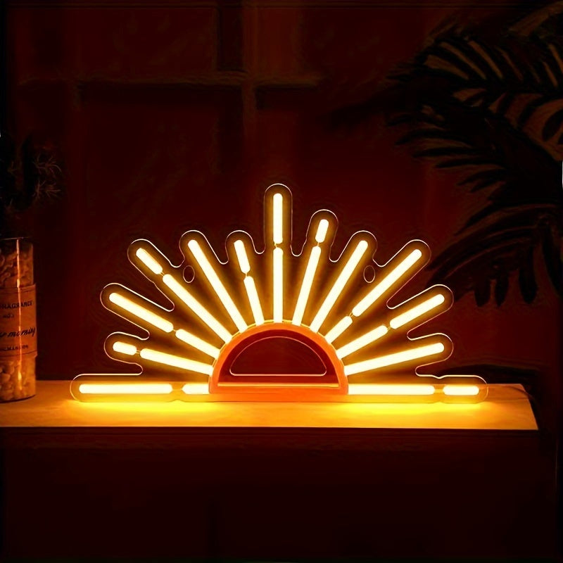Letrero de neón naranja de atardecer o amanecer, 1 unidad, luces LED de pared con diseño de sol en el horizonte, decoración para habitación, sala, cocina, baño u oficina, funciona con USB
