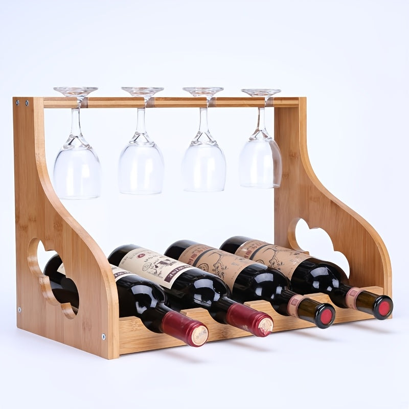 Soporte de vino de bambú de 4 ranuras con copa de madera - Soporte de vaso alto desmontable para vino tinto y almacenamiento de vidrio elegante, acabado de madera natural, perfecto para decoración de bar en casa o mesa de comedor, decoración de vino