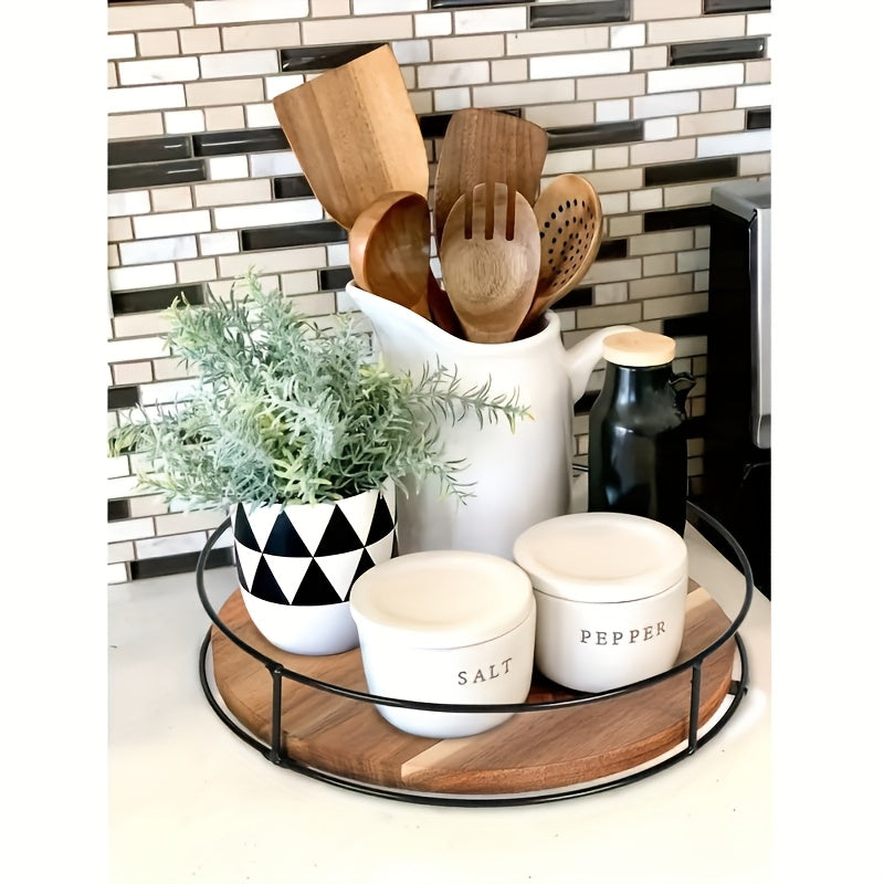 Elegante bandeja de cocina de madera de 3 niveles con base giratoria de metal - Ideal para especias, condimentos y decoración | Madera compuesta duradera, perfecta para uso doméstico | Esenciales de cocina elegantes, vajilla decorativa