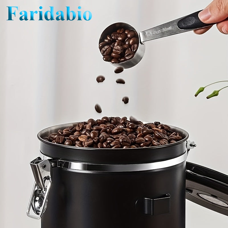 Contenedor Hermético de Acero Inoxidable Reforzado 304 Mejorado por Faridabio con Cuchara - Ideal para Granos de Café, Té y Arroz - Con Válvula de Escape Unidireccional para Mantener el Café Fresco Más Tiempo, Perfecto para Uso en Casa y Oficina