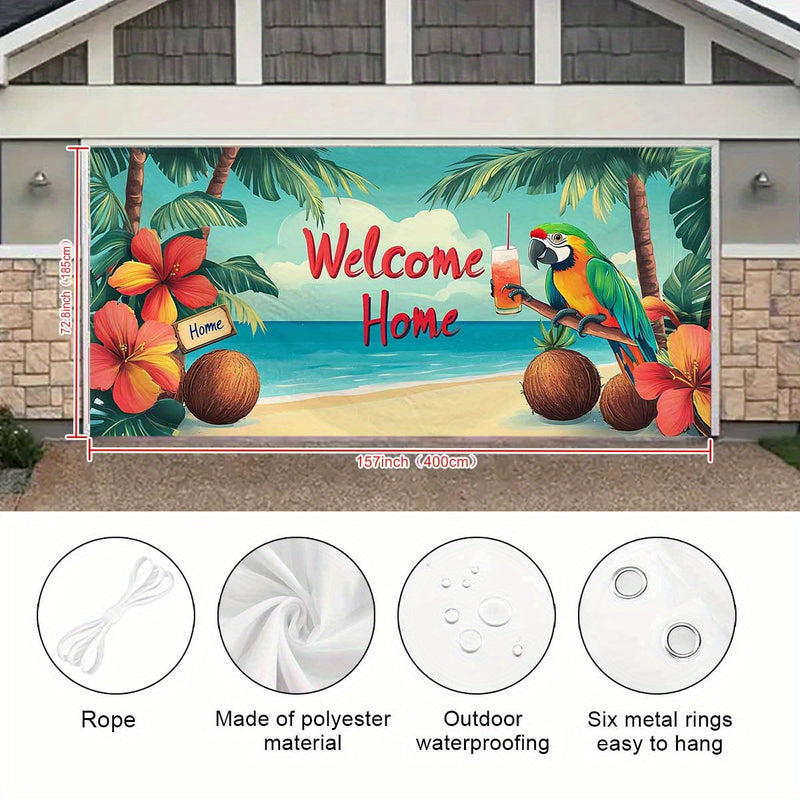 1 pieza, letrero de puerta de garaje de pavo tropical de playa, gran decoración al aire libre con letrero "Bienvenidos a casa", palmeras y diseño floral vibrante, perfecto para Navidad, fiestas de vacaciones y fondos temáticos de playa, decoración temáti