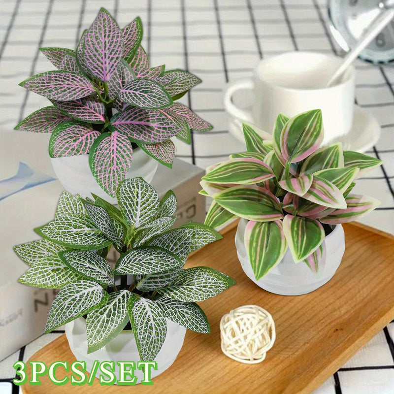 3 Piezas por Set Plantas Artificiales en Maceta Fittonia, Hoja Zebrina, Peperomia, Mini Bonsái Rosa y Verde, Material PE para Decoración de Exteriores, Jardín y Hogar Primavera-Verano