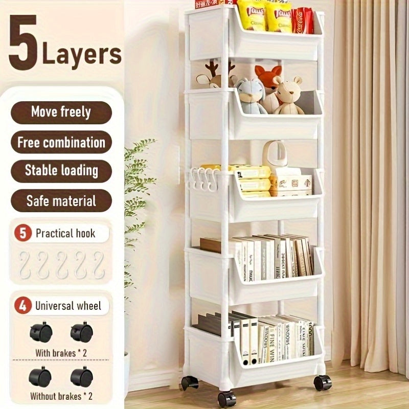 Carrito organizador giratorio de 5 niveles con ruedas – Plástico resistente, ahorrador de espacio para utensilios de cocina, productos de limpieza, ropa, libros y más – Ideal para el hogar, oficina o baño, isla de cocina | Organizador multifuncional | Ca