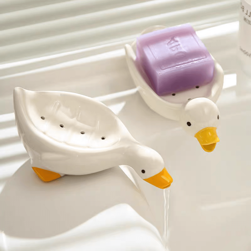 Jabonera con forma de pato auto-drenante, soporte para jabón de baño, bandeja de jabón con diseño de cascada lindo, conveniente para limpieza y almacenamiento