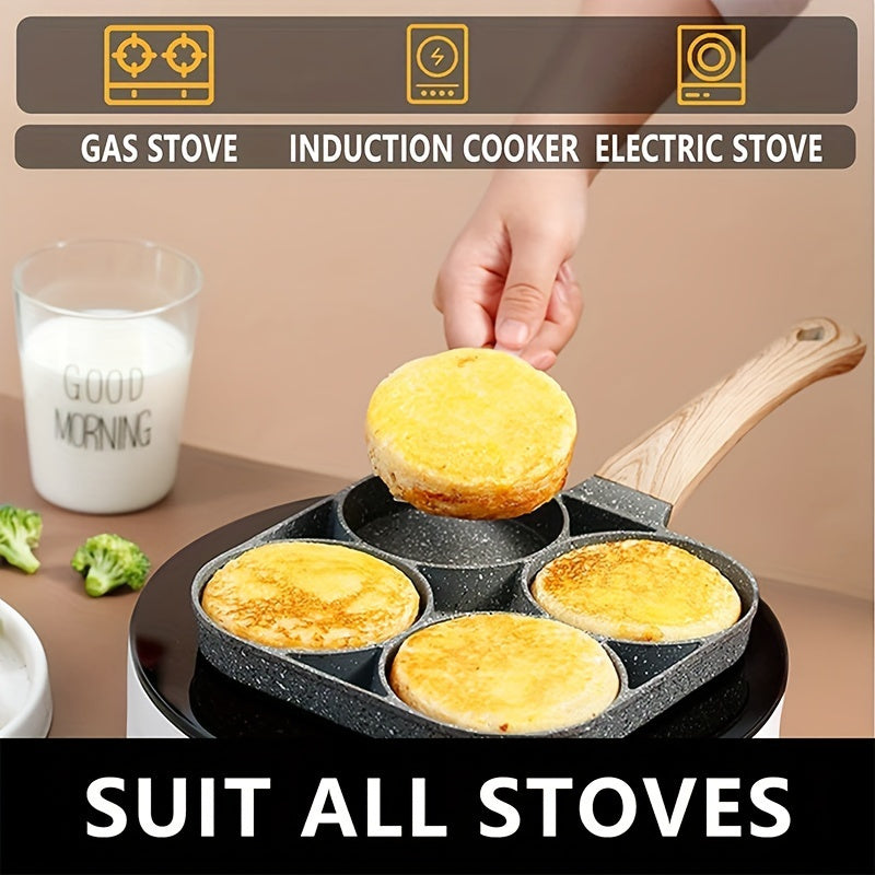 1pc Sartén Antiadherente de 4 Agujeros con Revestimiento de Piedra Médica, Diseño Manchado & Mango de Madera - Multiusos para Tortillas, Pancakes, Hamburguesas, Tocino, Bistec - Distribución Uniforme del Calor, Fácil Limpieza, Segura en Estufa, Sartén pa