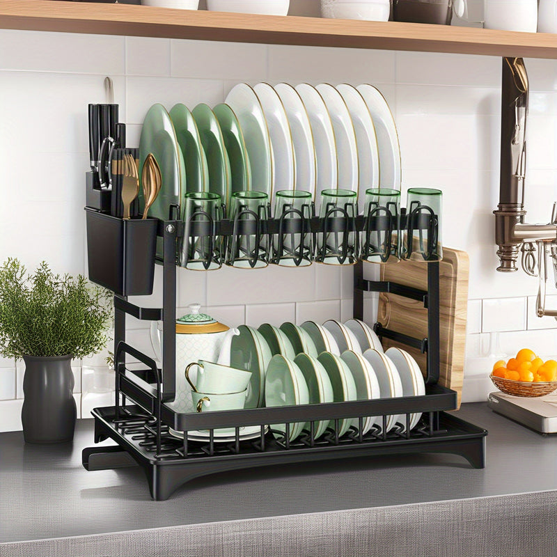 Escurridor de metal antioxido con diseño de doble capa + portavasos + organizador de utensilios + ranura para tabla de cortar — esencial ahorrador de espacio para cocinas pequeñas, estilo moderno en blanco y , adecuado para todas las estaciones