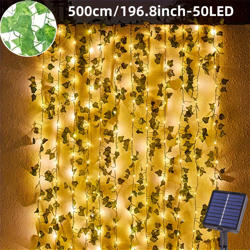 1 ud., Luces de Cadena con Hojas Artificiales de Hiedra Alimentadas por Energía Solar, 50/100 LED en Cable de Cobre para Jardín Exterior, Pared, Balcón, Valla, Árbol, Bodas, Fiestas y Decoración Navideña con 8 Modos