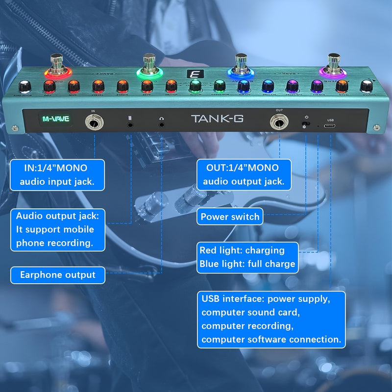 Pedal de efectos de guitarra TANK-G Multi-Function | 36 presets editables | Conexión inalámbrica + monitorización de auriculares | Soporta grabación móvil | Batería recargable incorporada + interfaz de audio, pedal de efectos de guitarra