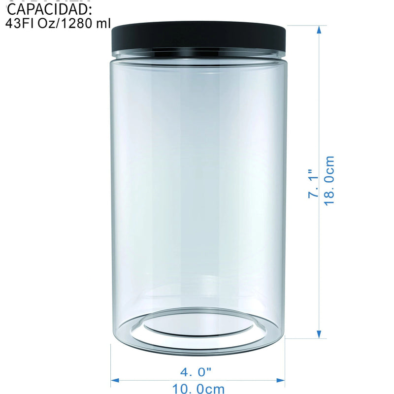 6pcs Tarros de Almacenamiento de Alimentos PET Transparentes de 43oz con Tapas Negras Lisas - Sin BPA, Boca Ancha para Vertido y Limpieza Fácil - Perfectos para la Organización del Despensa de la Cocina