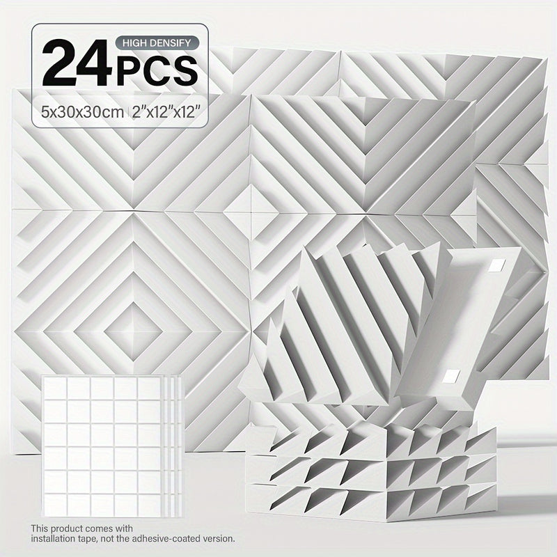 12pcs, 24pcs - Paneles de Espuma Aislante Acústica con Ranura Diamantada 5.08x30.48x30.48 cm, Paneles de Alta Densidad para Estudio, Paneles Decorativos 3D, Material Absorbente de Sonido para Hogar u Oficina (Incluye Pegatinas)