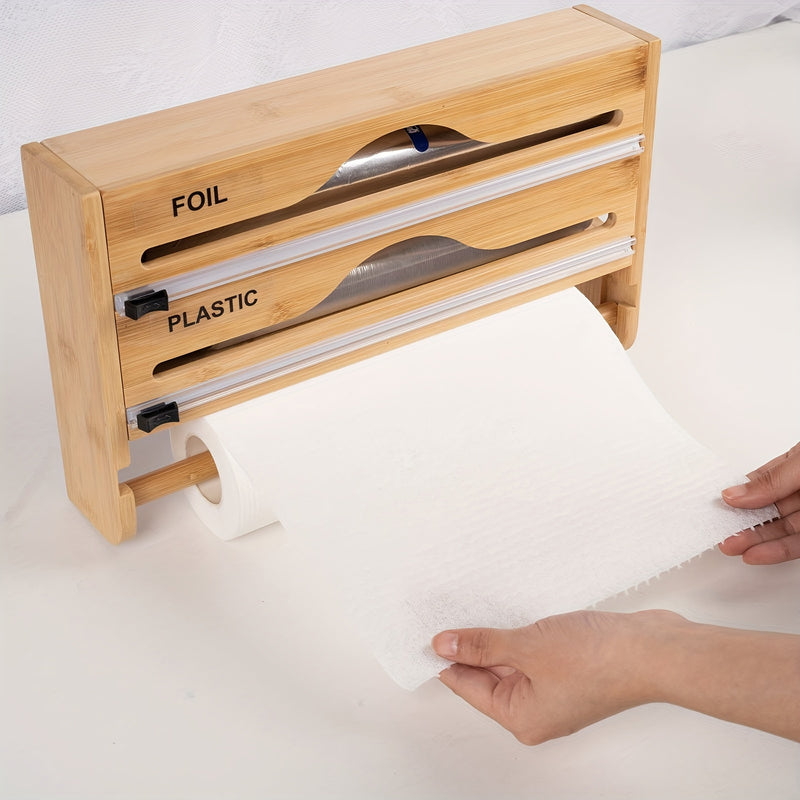 1pc Organizador de Pared de Bambú para Papel Aluminio, Bolsas y Envoltura - 3 en 1 con Cortador Integrado, Diseño Ahorrador de Espacio para Encimera o Despensa