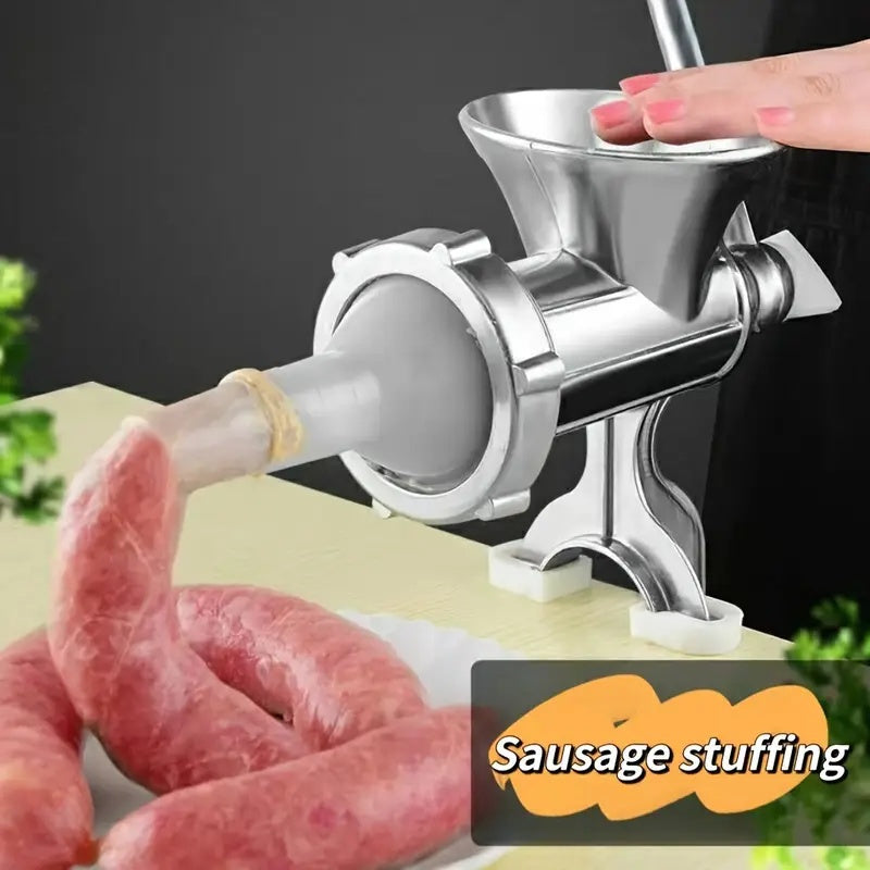 1pc Molinillo de carne de aleación de aluminio duradero manual con asa, molinillo de cocina a prueba de óxido y relleno de salchichas, operación suave para cocina en casa y fiestas, herramienta de preparación de alimentos | Apariencia metálica elegante |