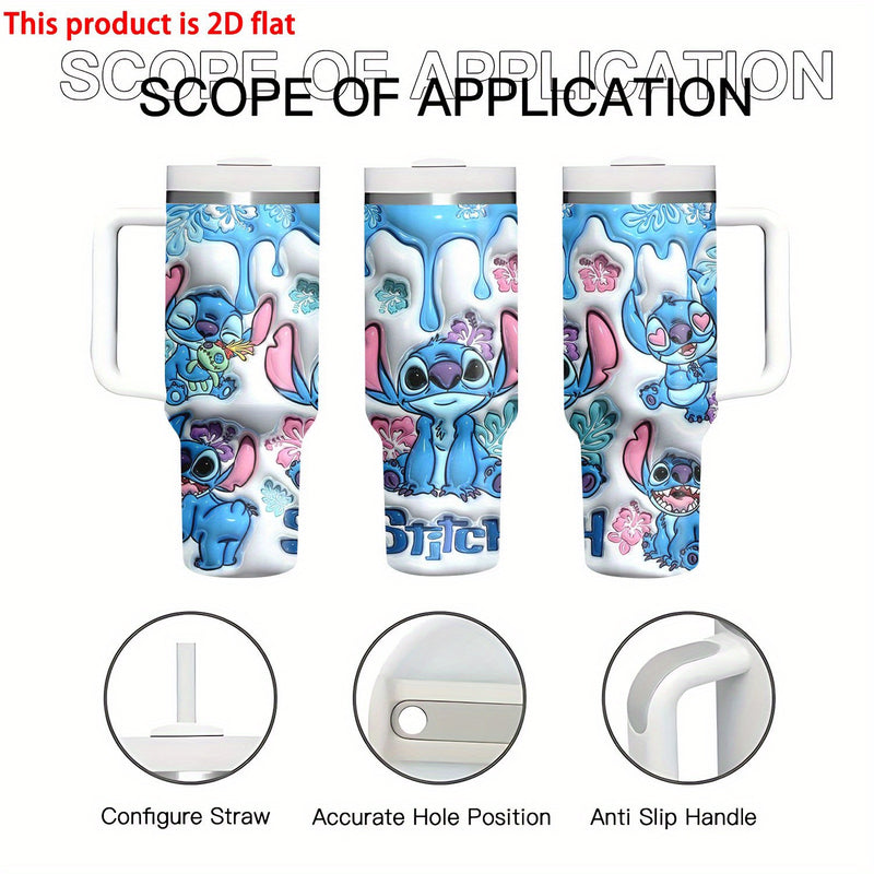 Botella de agua de acero inoxidable Stitch de 40 onzas con pajita y asa - Taza de viaje aislada, de alta calidad, reutilizable, solo lavable a mano, perfecta para fanáticos y regalos.