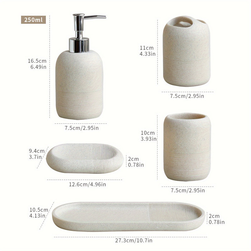 Juego de baño de 5 piezas: dispensador de jabón, taza para enjuague bucal, soporte para cepillos de dientes, jabonera, bandeja con patrón de arenisca amarilla
