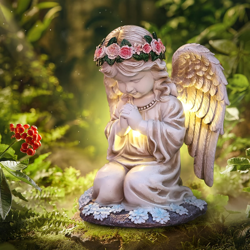 Estatuilla de ángel de resina con energía solar, figura coleccionable de temática cartoon, decoración versátil para interior y exterior, con batería incorporada, ideal para Navidad, Halloween, San Valentín y Día de la Madre