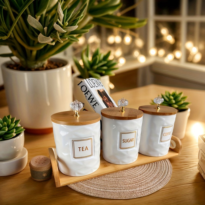 1 juego/3 piezas (650ml*3) con base de madera, tarros cerámicos de mármol estilo nórdico con patrón rombo, contenedores elegantes para té y café - esenciales para bodas, fiestas, Navidad, Acción de Gracias, cumpleaños y uso diario en el hogar
