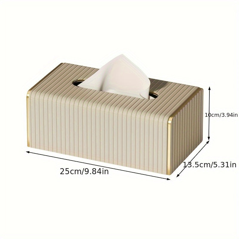 Estuche Elegante para Pañuelos de Cuero Sintético Estilo Nórdico con Rayas Italianas - Diseño Rectangular en Blanco y Dorado para Sala, Comedor o Baño, Decoración de Pared