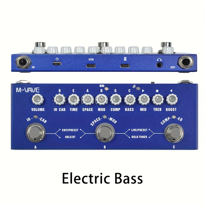 Pedal de efectos para guitarra M-VAPE Cube Baby BASS, multiefectos - con IR, 8 modelos de amplificador, delay, reverb, chorus, fase, carga USB, batería recargable de polímero, formato de señal analógica, construcción metálica, procesador de efectos para
