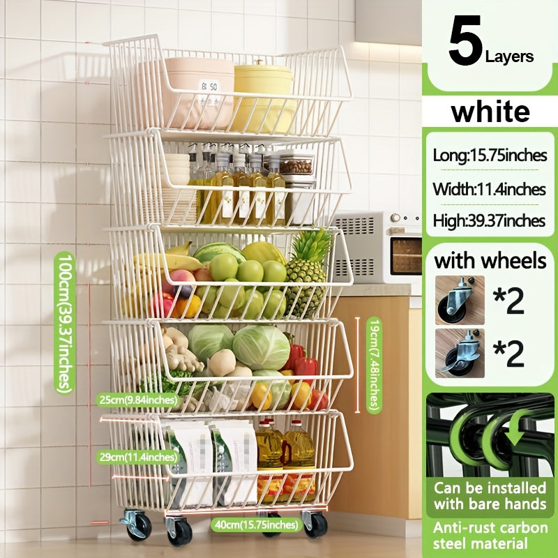 Carrito de Almacenamiento de Cocina Multinivel GDBY - 5/4/3/2 Capas, Cestas de Alambre Metálico Apilables para Frutas y Verduras, Organizador Móvil con Ruedas para Despensa, Baño, Cuarto de Lavado