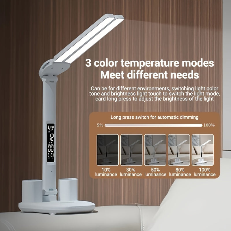 Soporte de bolígrafo de 3 en 1 con doble cabeza, lámpara USB, lámpara de escritorio, luz nocturna, luz de lectura para estudios, luz ambiental decorativa, uso con enchufe USB, control táctil de tres tonos, control de reloj con botón, adecuado para escrit