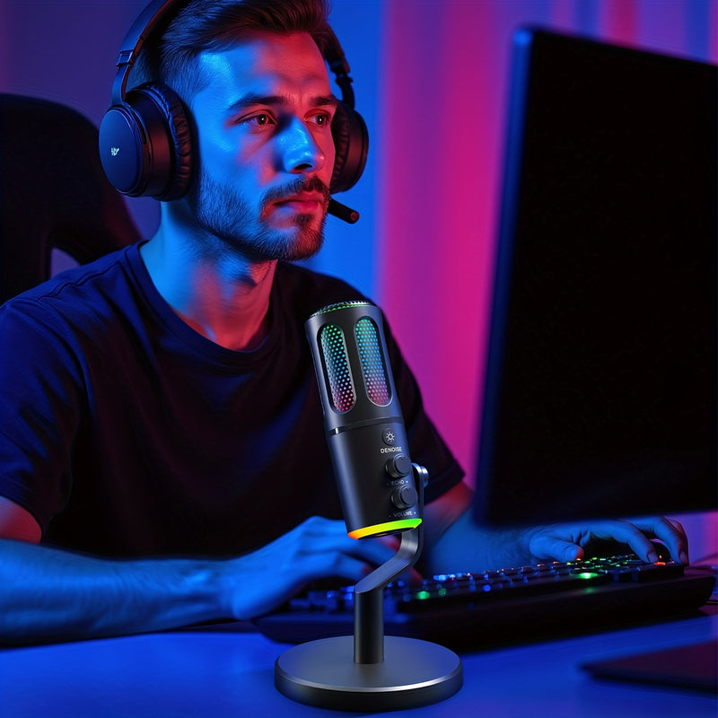Microfono de Escritorio USB RIKSOIN con Iluminación RGB, Micrófono de Condensador para Grabación y Transmisión en Estudio Zero-Latin, Compatible con PC, Mac, PS4/5, Incluye Entrada para Auriculares, , Ideal para Podcasts, Juegos y Videollamadas, Micrófon
