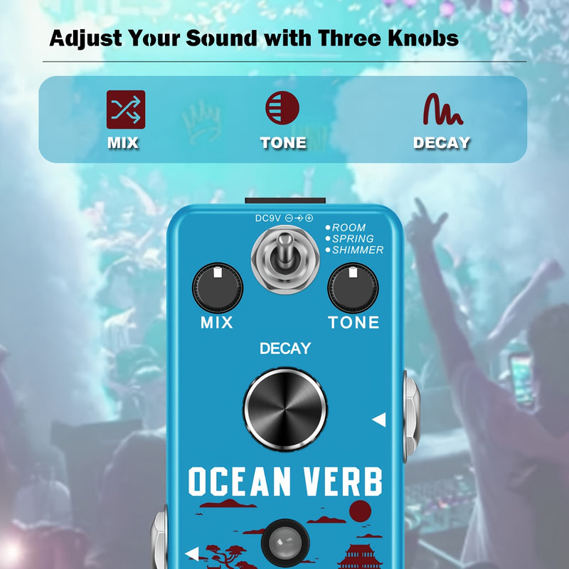 Pedal de reverberación para guitarra, pedal de efectos digital Ocean Verb con 3 modos: sala, resorte y brillo, para guitarra eléctrica y bajo, tamaño mini, bypass verdadero