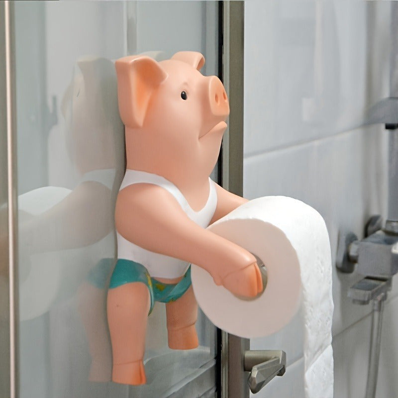 1pc Lindo soporte de papel higiénico de cerdo, dispensador de rollo de papel de resina, montaje en pared autoadhesivo, para baño