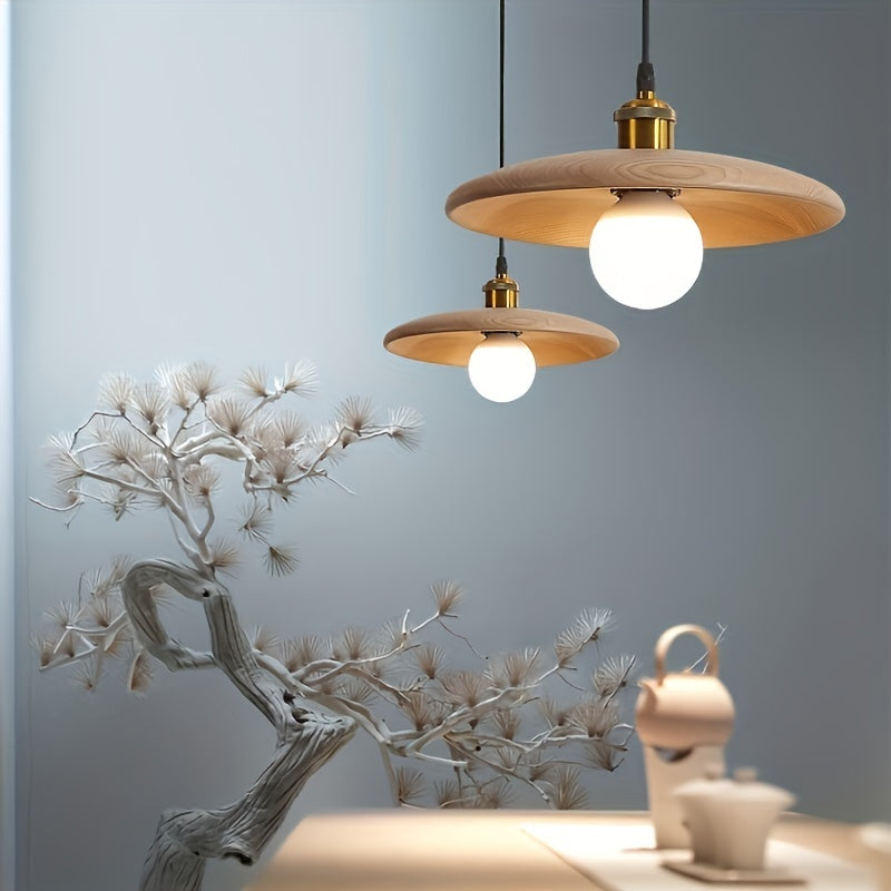 Lámpara colgante de madera sólida estilo nórdico moderno - Montaje semienterrado con base de metal negro, control de interruptor regulable, sombra de madera para comedor, dormitorio, bar de café, pasillo y sala de estar (bombilla no incluida)