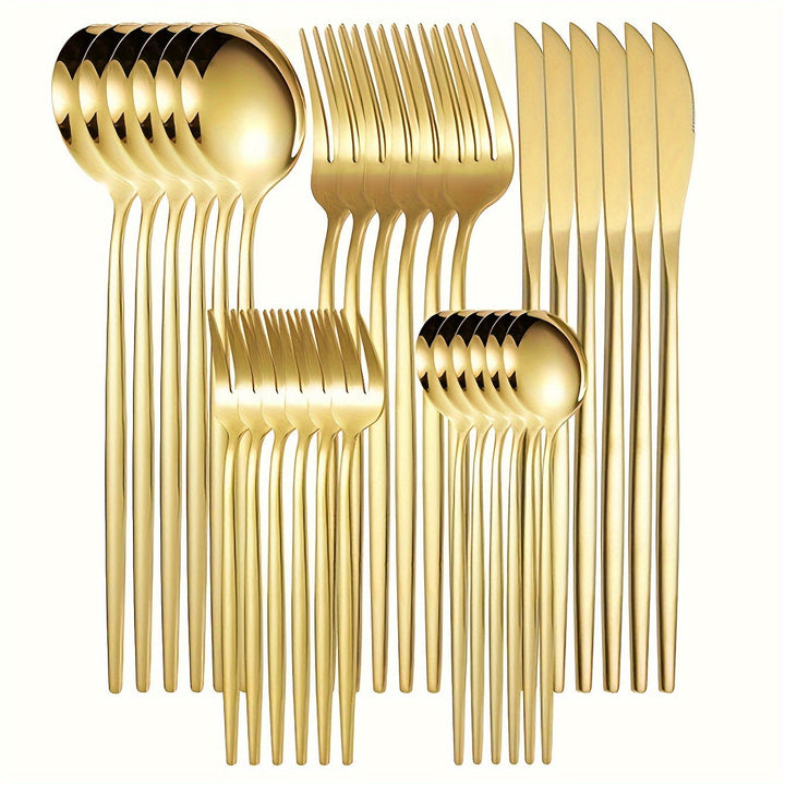 Juego de Cubiertos Elegante de Acero Inoxidable Dorado - 30 Piezas: Cuchillos, Tenedores y Cucharas Postre - Apto para Lavavajillas, Ideal para Hogar, Cocina, Restaurantes, Hoteles, Fiestas, Acción de Gracias, Navidad y Bodas - Juego de Utensilios de Alt