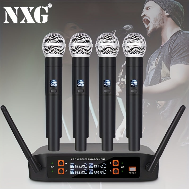 Sistema de micrófonos NXG, incluye 4 micrófonos de mano, ideal para presentaciones en escenarios, demostraciones en conferencias, karaoke en casa y bodas