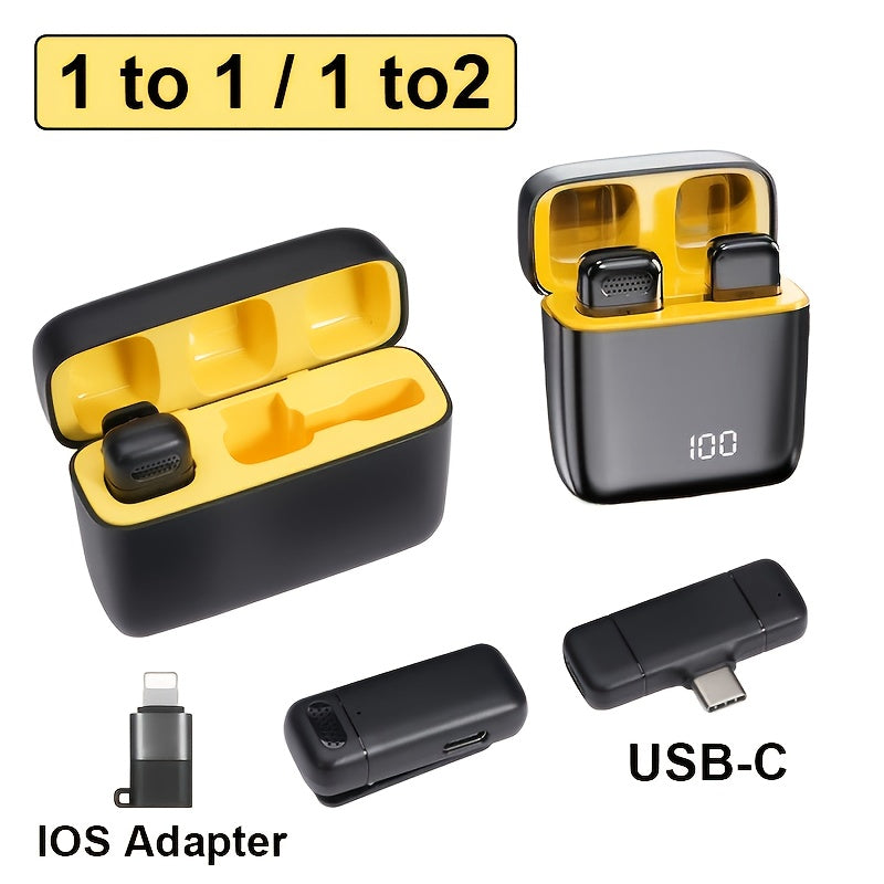 Micrófono de solapa inalámbrico para iPhone y Android, sistema de doble micrófono con clip, entradas Lightning y USB-C, y estuche con batería para grabación de videos en vivo