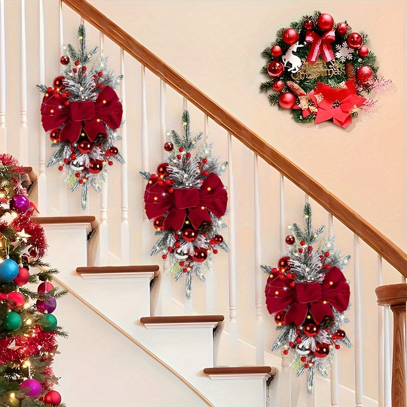 Guirnalda de Escalera de Navidad de 3 pzas de 22.83in Estilo Americana Hecha a Mano con Piñas Falsas, Lazos Rojos y Sin Plumas - Decoraciones Festivas sin Electricidad para el Hogar, Fiesta y Vacaciones - Perfecta para Uso en Interiores y Exteriores