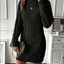 Vestido de Punto de Cable Elegante para Mujer - Cuello Alto Chic, Manga Larga, Vestido de Poliéster Negro Sólido con Diseño de Cuerda Texturizada, Perfecto para Otoño e Invierno