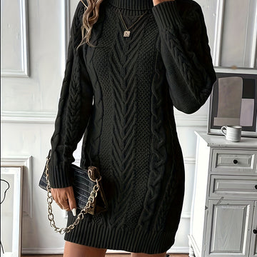 Vestido de Punto de Cable Elegante para Mujer - Cuello Alto Chic, Manga Larga, Vestido de Poliéster Negro Sólido con Diseño de Cuerda Texturizada, Perfecto para Otoño e Invierno