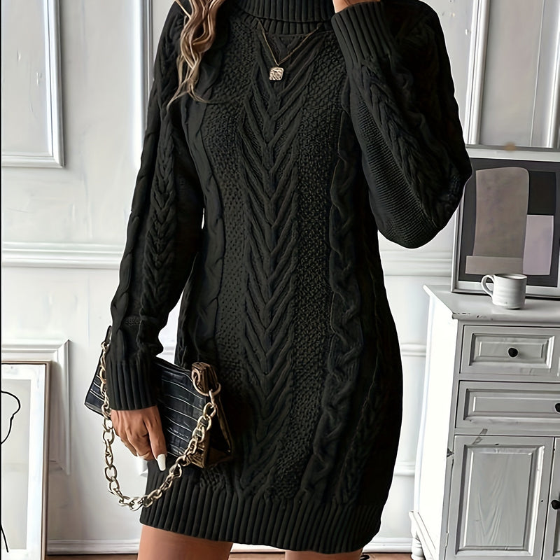Vestido de Punto de Cable Elegante para Mujer - Cuello Alto Chic, Manga Larga, Vestido de Poliéster Negro Sólido con Diseño de Cuerda Texturizada, Perfecto para Otoño e Invierno