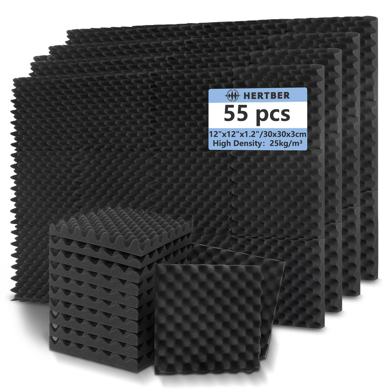 Hertber 55 piezas de paneles de espuma acústica negra de alta densidad, 30,48 x 30,48 x 3,05 cm, espuma insonorizante para estudio de grabación, sala de música, sala de conferencias, estudio de baile, Ktv, podcast, estudio de arte, sala de juegos, tratam