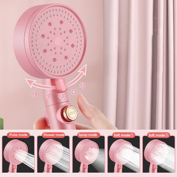 1 pieza, cabezal de ducha rosa de alta presión con 5 modos ajustables - Boquilla de mano de acero inoxidable para baño en casa, diseño montado en pared, fácil instalación, flujo de agua potente para una experiencia refrescante, accesorios para ducha