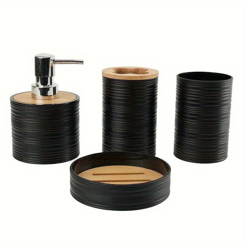 Juego de 4 accesorios modernos para baño: portacepillos de plástico, jabonera, vaso para enjuague bucal y botella con bomba de loción con diseño rayado y tapa de bambú, decoración para el cuarto de baño