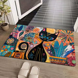 Alfombra de Entrada Decorativa de Arte Abstracto de Gato Lavable a Máquina - Revestimiento de PVC Antideslizante, Poliéster, Alfombra Rectangular para Baño, Cocina, Sala de Estar, Dormitorio