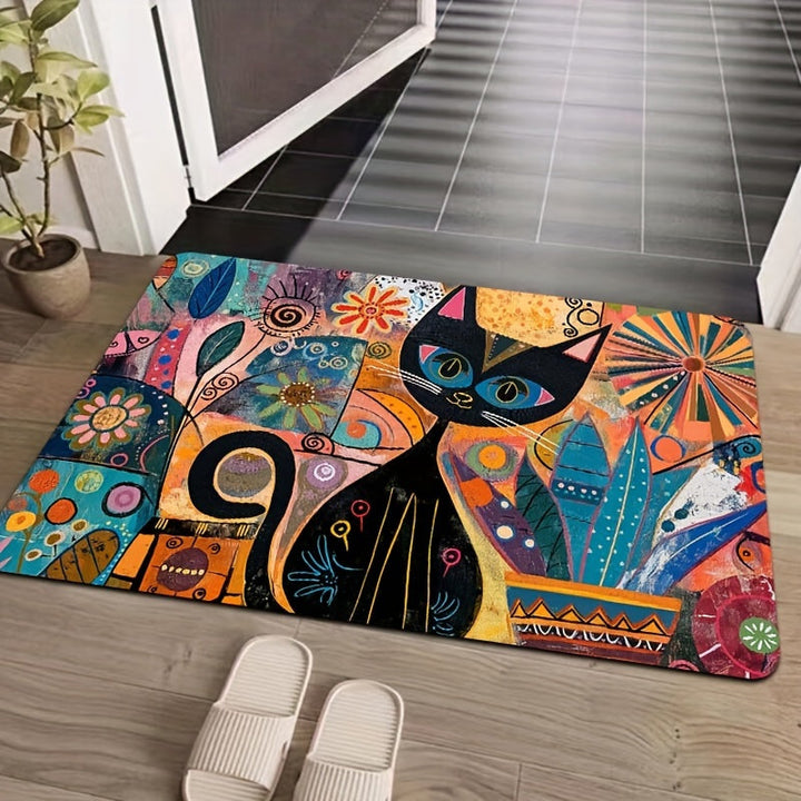 Alfombra de Entrada Decorativa de Arte Abstracto de Gato Lavable a Máquina - Revestimiento de PVC Antideslizante, Poliéster, Alfombra Rectangular para Baño, Cocina, Sala de Estar, Dormitorio